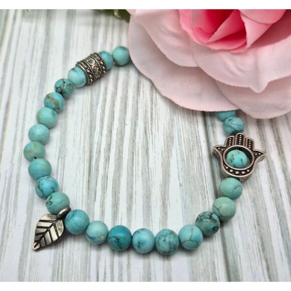 Lot Set of 3 Faux Turquoise & Silver Tone Charm Stretch Bracelet Hamsa Evil Eye - Picture 7 of 8
